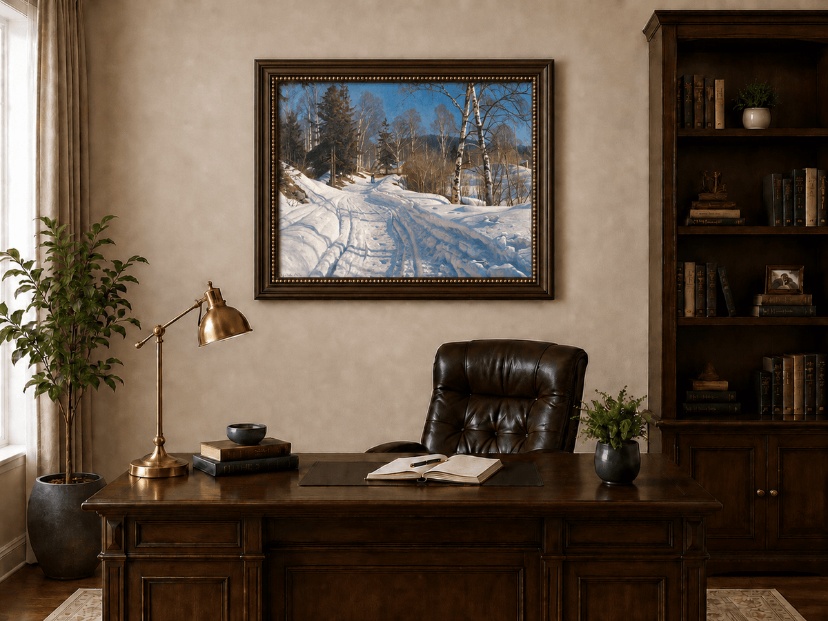 Peinture à l'huile de paysage - Chemin de campagne en hiver, bouleaux