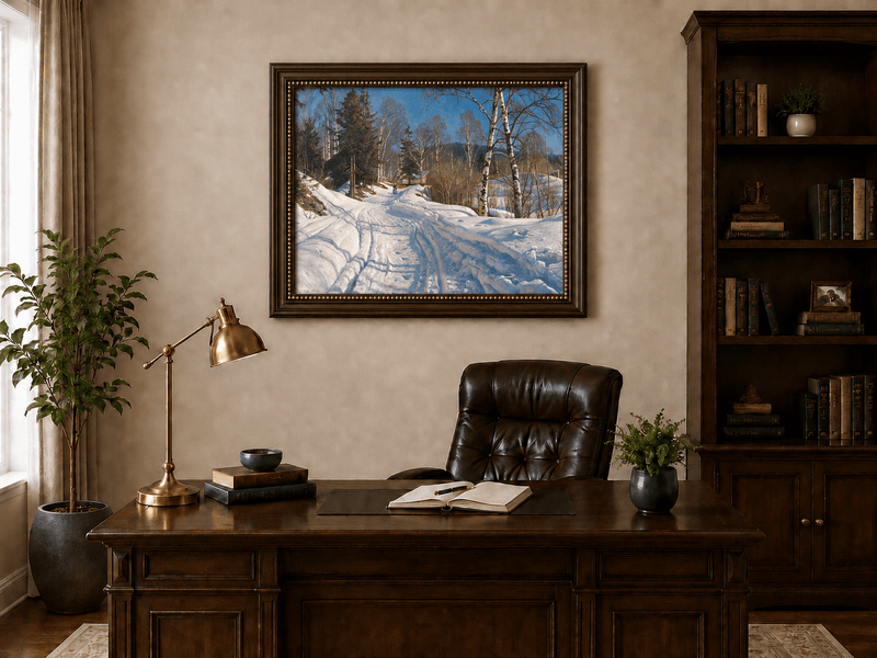 Peinture à l'huile de paysage - Chemin de campagne en hiver, bouleaux
