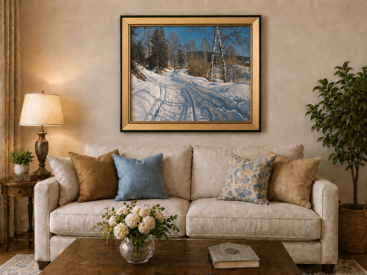 Peinture à l'huile de paysage - Chemin de campagne en hiver, bouleaux