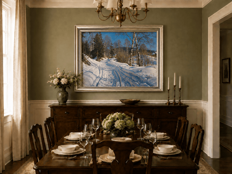 Peinture à l'huile de paysage - Chemin de campagne en hiver, bouleaux
