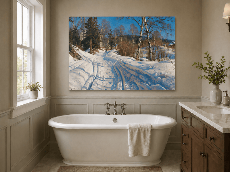Peinture à l'huile de paysage - Chemin de campagne en hiver, bouleaux