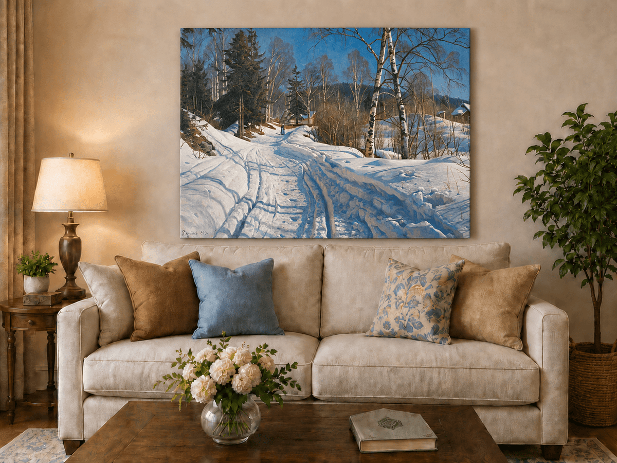 Peinture à l'huile de paysage - Chemin de campagne en hiver, bouleaux