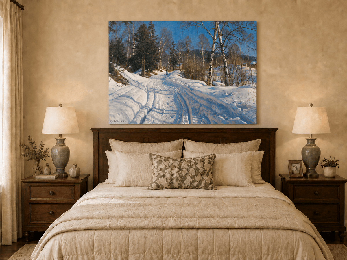 Peinture à l'huile de paysage - Chemin de campagne en hiver, bouleaux