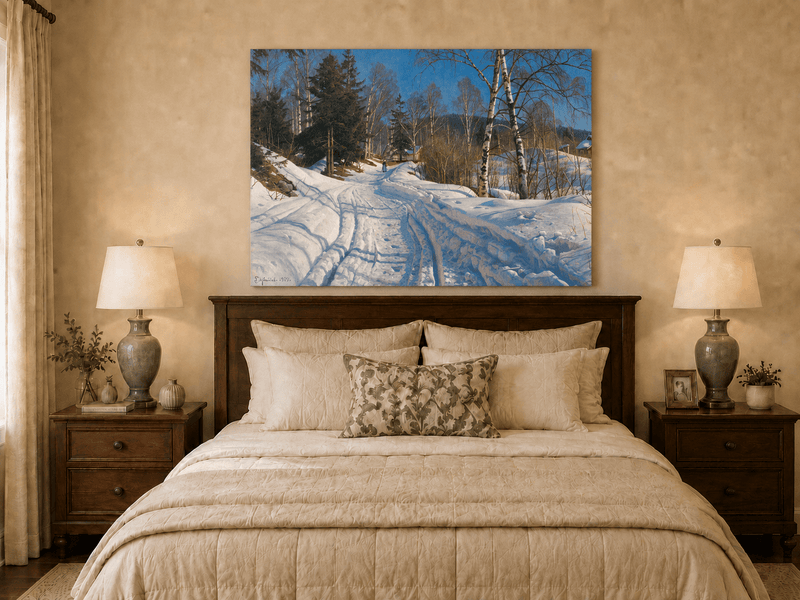 Peinture à l'huile de paysage - Chemin de campagne en hiver, bouleaux
