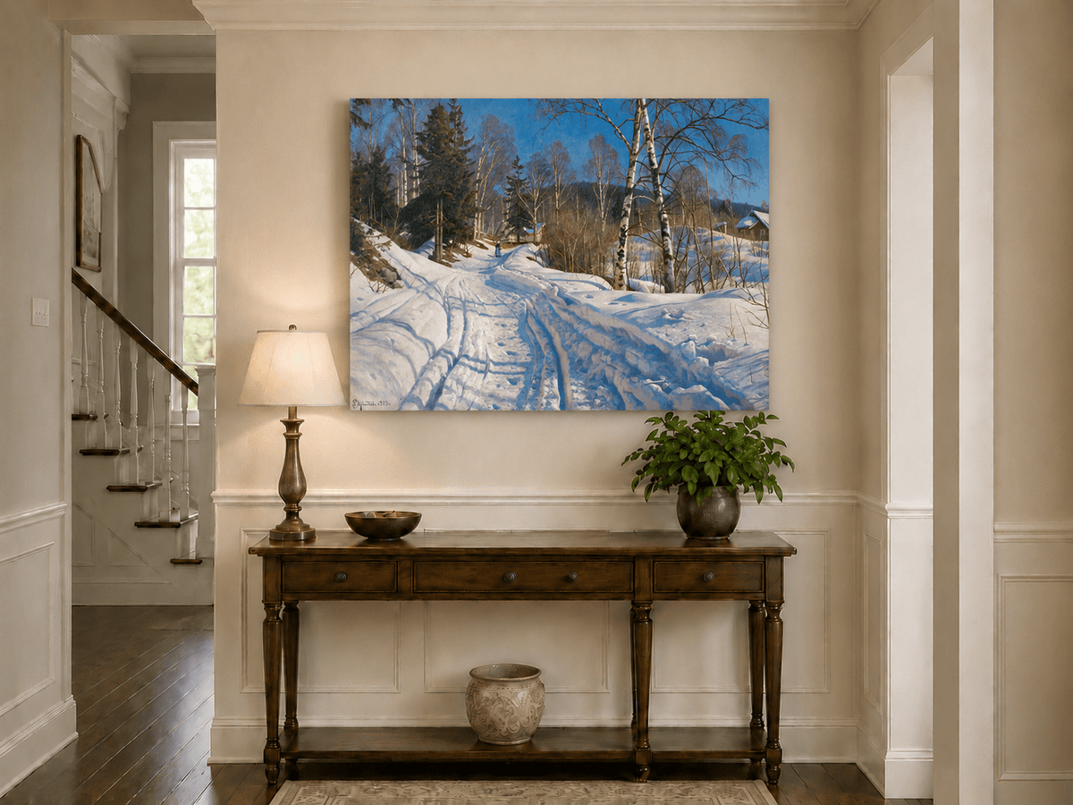 Peinture à l'huile de paysage - Chemin de campagne en hiver, bouleaux