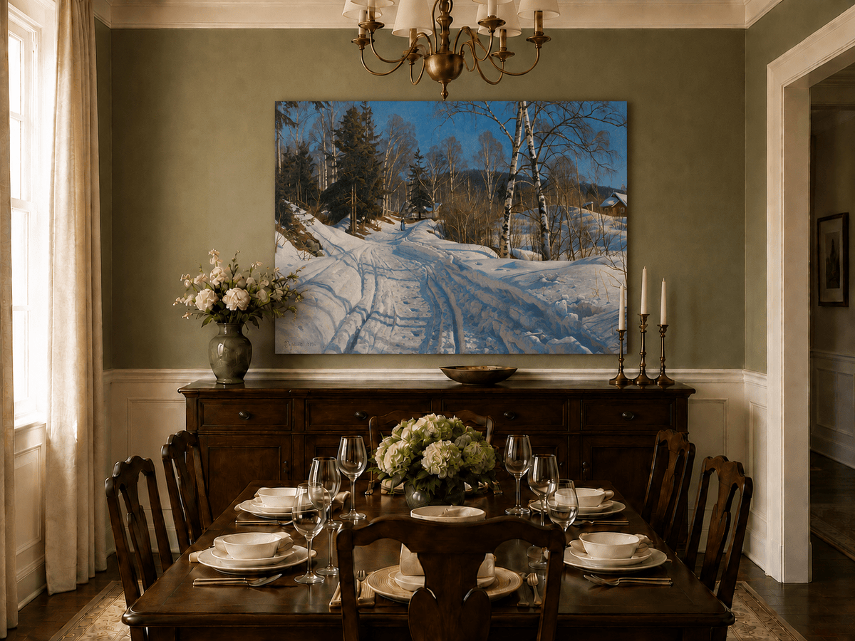 Peinture à l'huile de paysage - Chemin de campagne en hiver, bouleaux