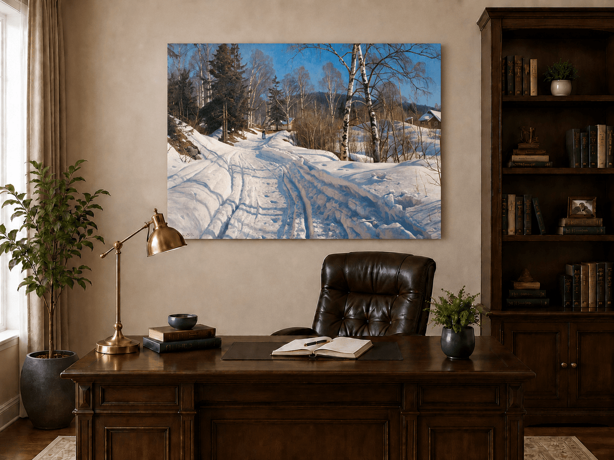 Peinture à l'huile de paysage - Chemin de campagne en hiver, bouleaux