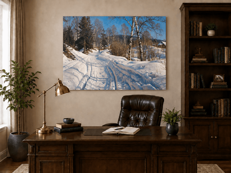 Peinture à l'huile de paysage - Chemin de campagne en hiver, bouleaux
