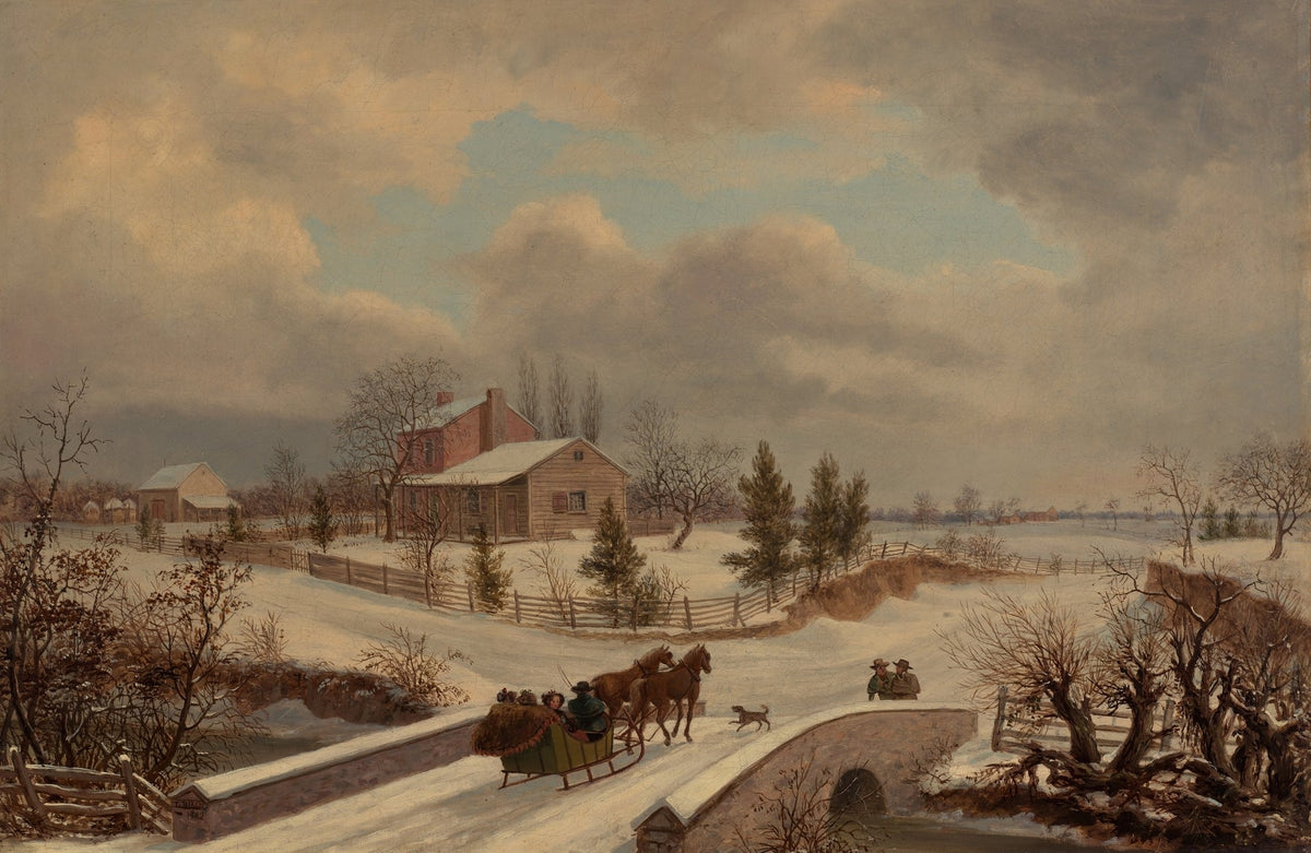 Landscape Oil Painting - winter countryside sled & snow - covered farmhouses - Oil Painting Haven