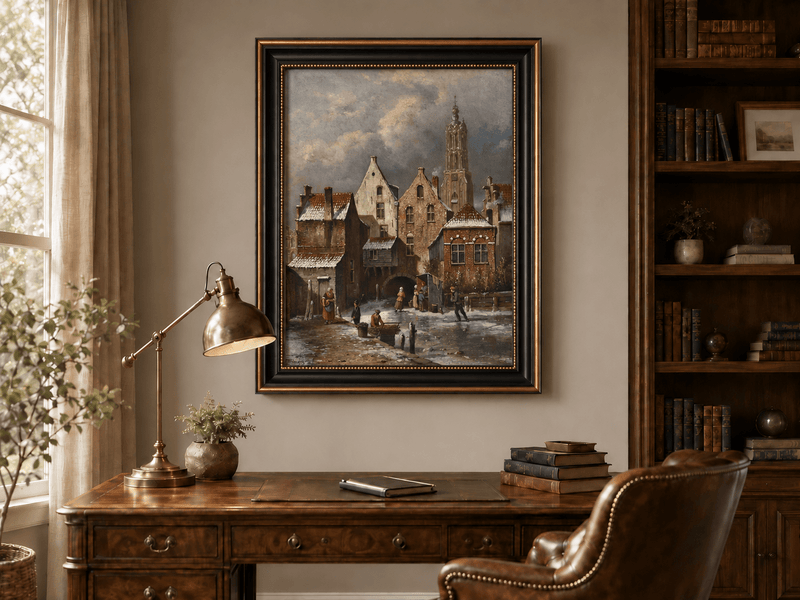 Peinture à l'huile de paysage - Scène de canal européen hivernal avec personnages
