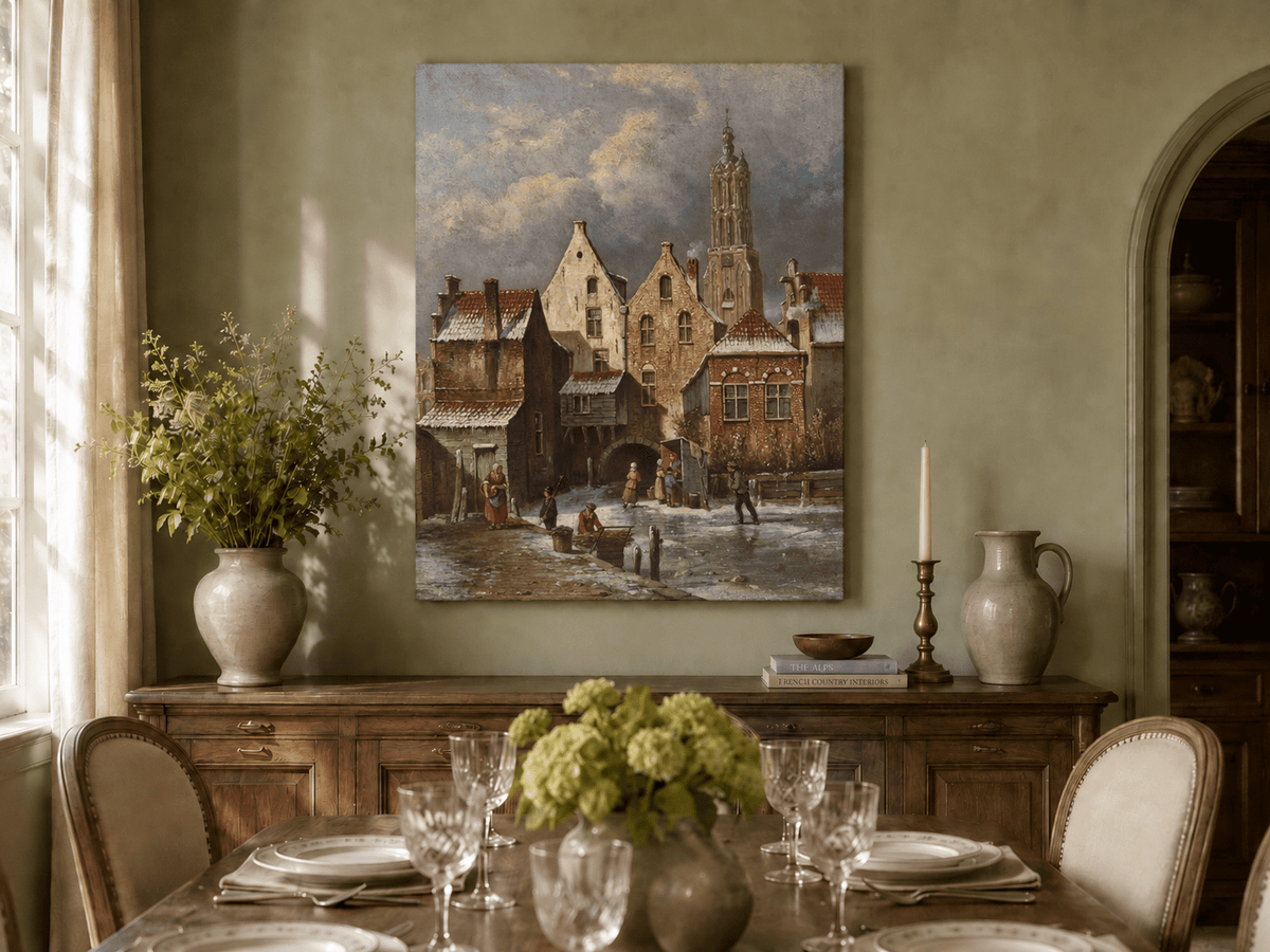 Peinture à l'huile de paysage - Scène de canal européen hivernal avec personnages