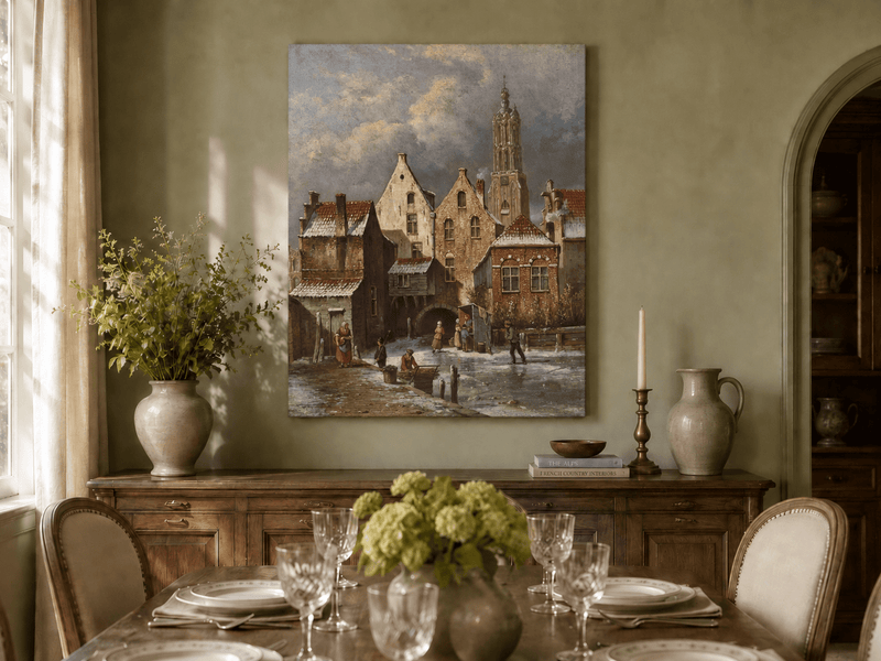 Peinture à l'huile de paysage - Scène de canal européen hivernal avec personnages
