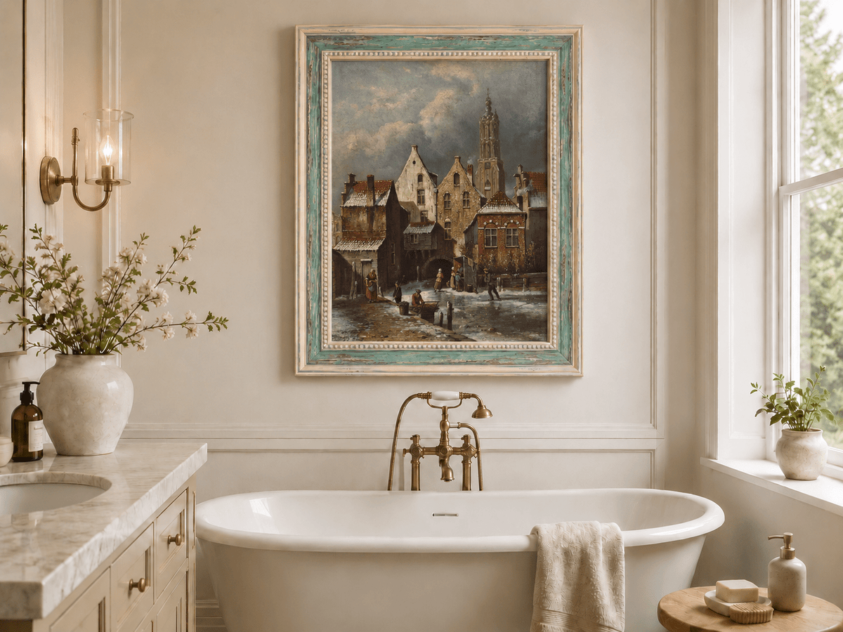 Peinture à l'huile de paysage - Scène de canal européen hivernal avec personnages