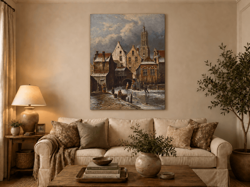 Peinture à l'huile de paysage - Scène de canal européen hivernal avec personnages