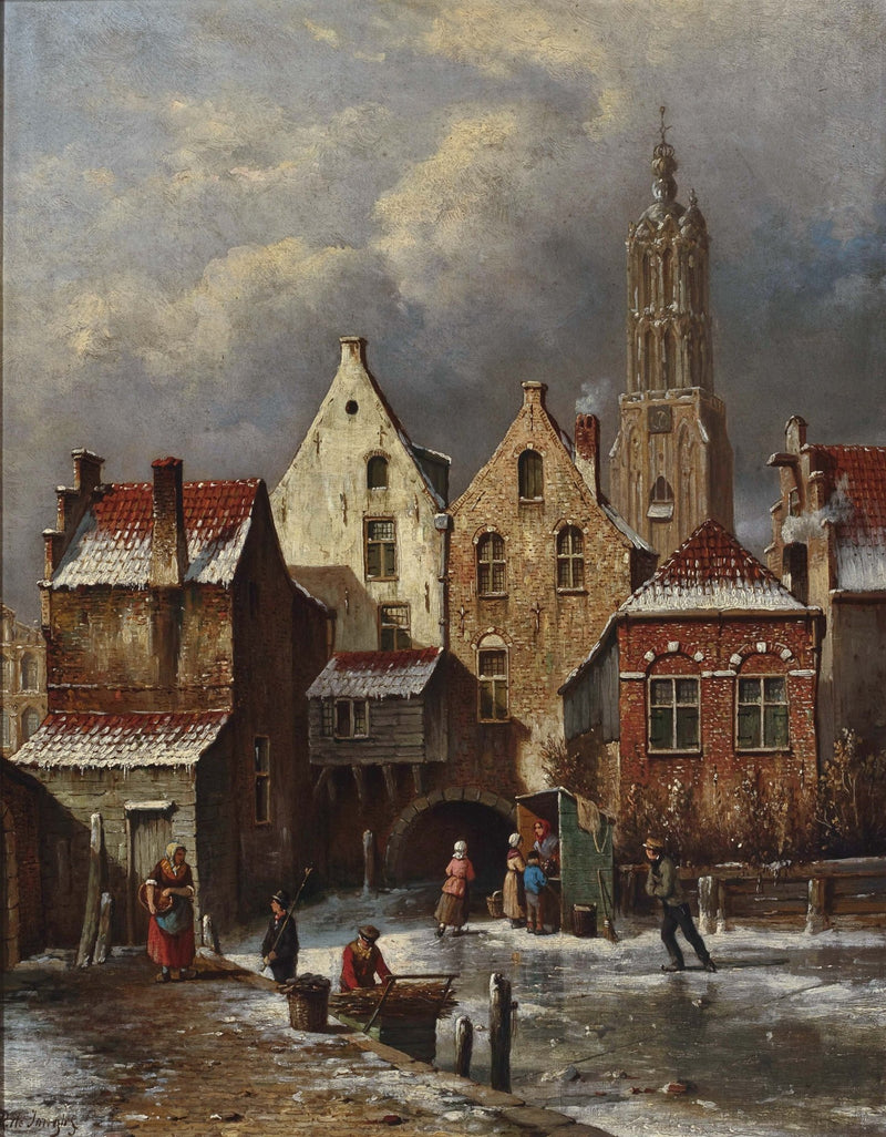 Peinture à l'huile de paysage - Scène de canal européen hivernal avec personnages