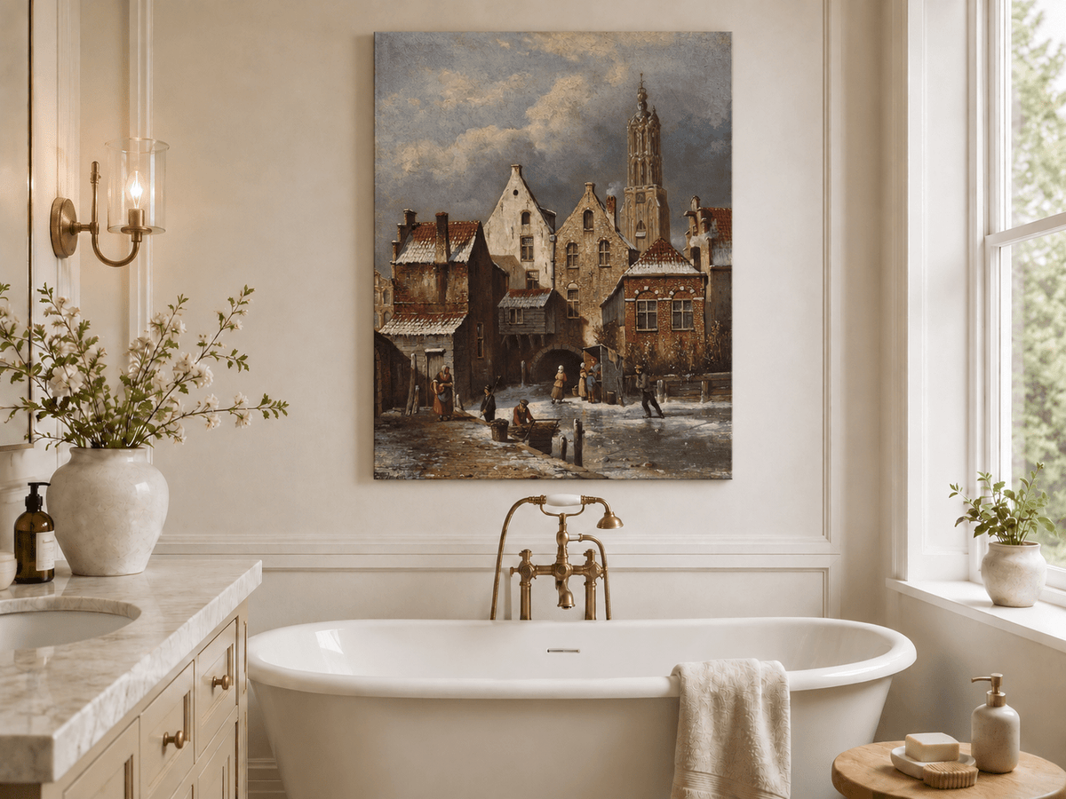 Peinture à l'huile de paysage - Scène de canal européen hivernal avec personnages