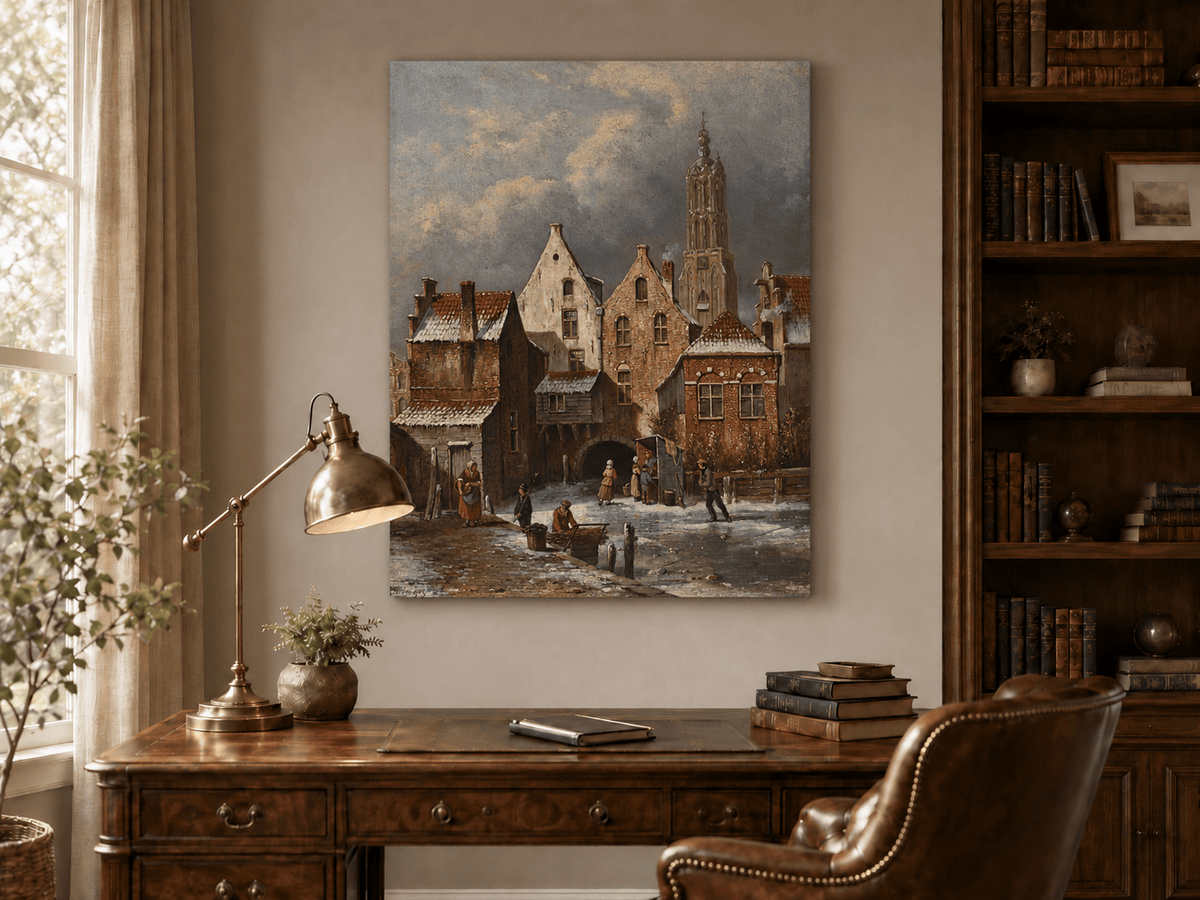 Peinture à l'huile de paysage - Scène de canal européen hivernal avec personnages