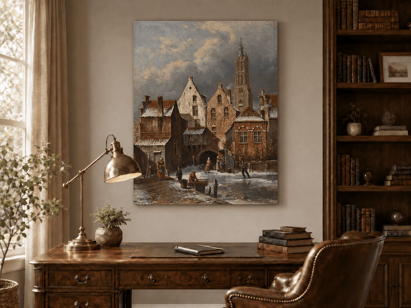 Peinture à l'huile de paysage - Scène de canal européen hivernal avec personnages