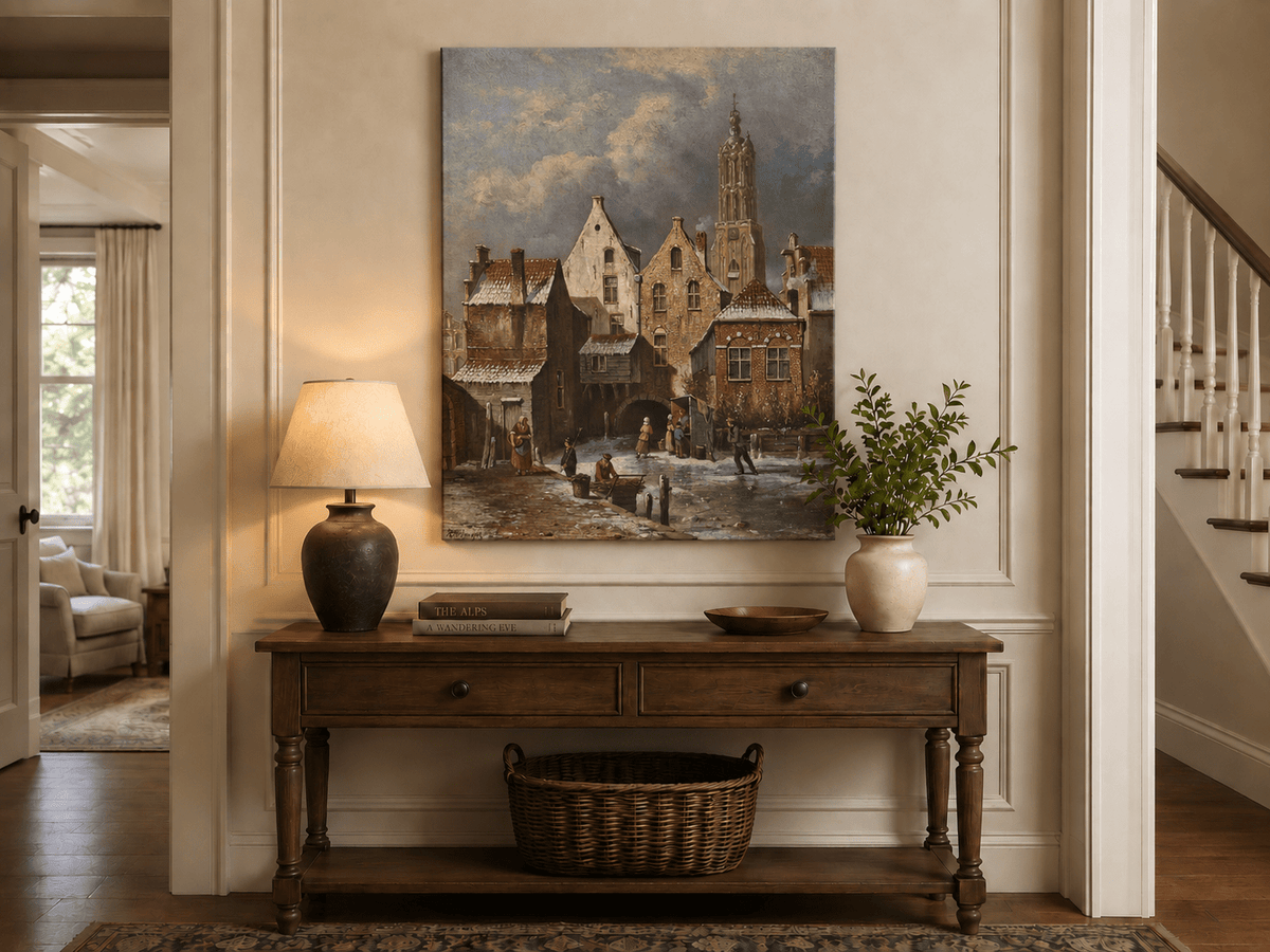 Peinture à l'huile de paysage - Scène de canal européen hivernal avec personnages