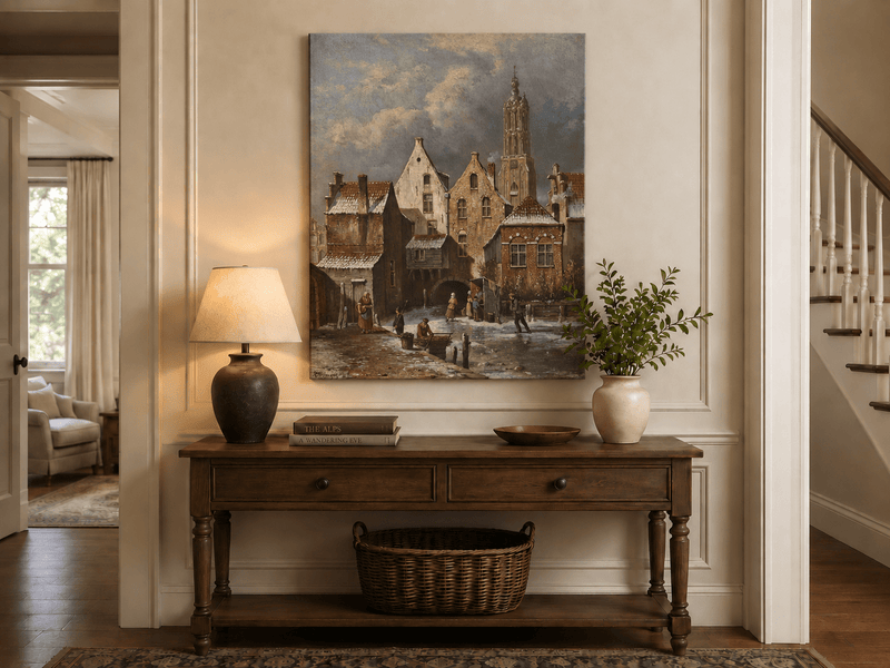 Peinture à l'huile de paysage - Scène de canal européen hivernal avec personnages