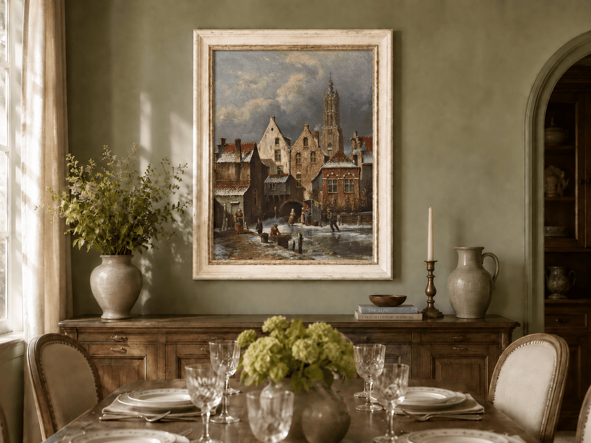 Peinture à l'huile de paysage - Scène de canal européen hivernal avec personnages