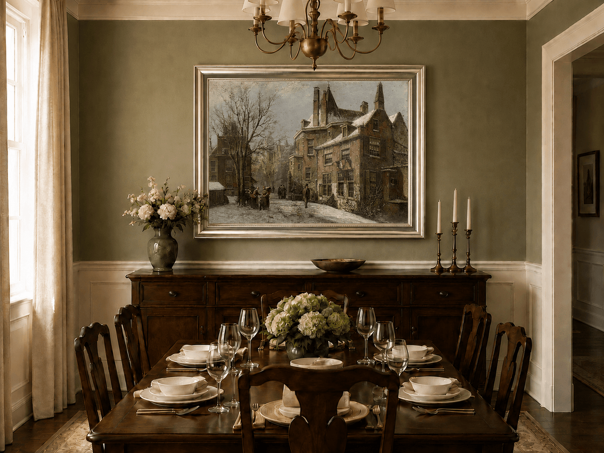 Landscape Oil Painting - Winter European Street, Historic Houses