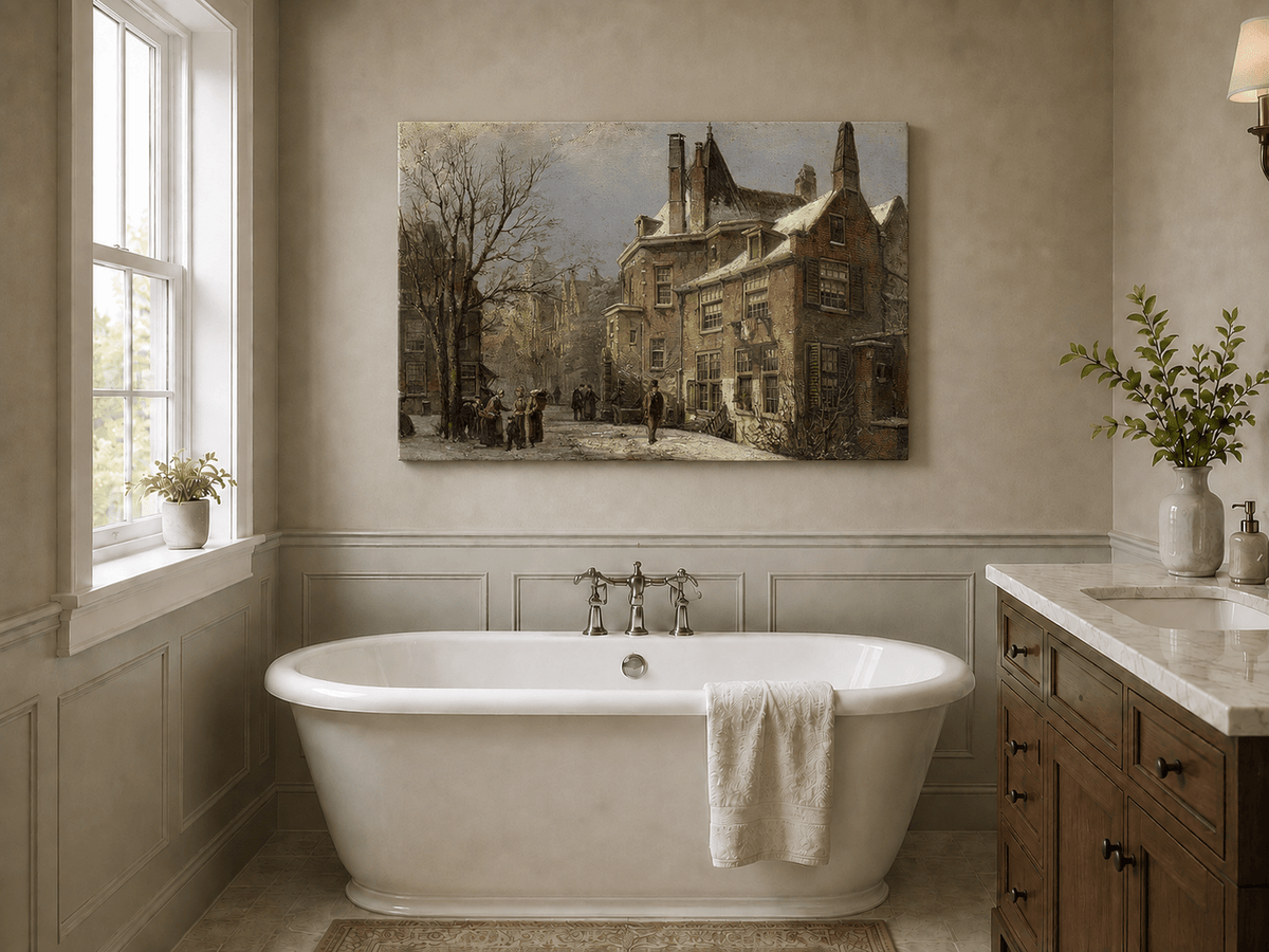 Landscape Oil Painting - Winter European Street, Historic Houses