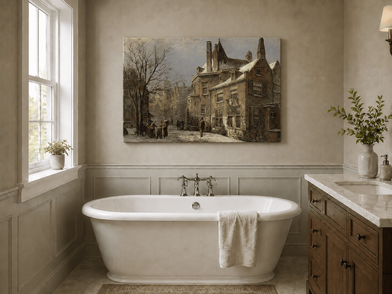 Landscape Oil Painting - Winter European Street, Historic Houses