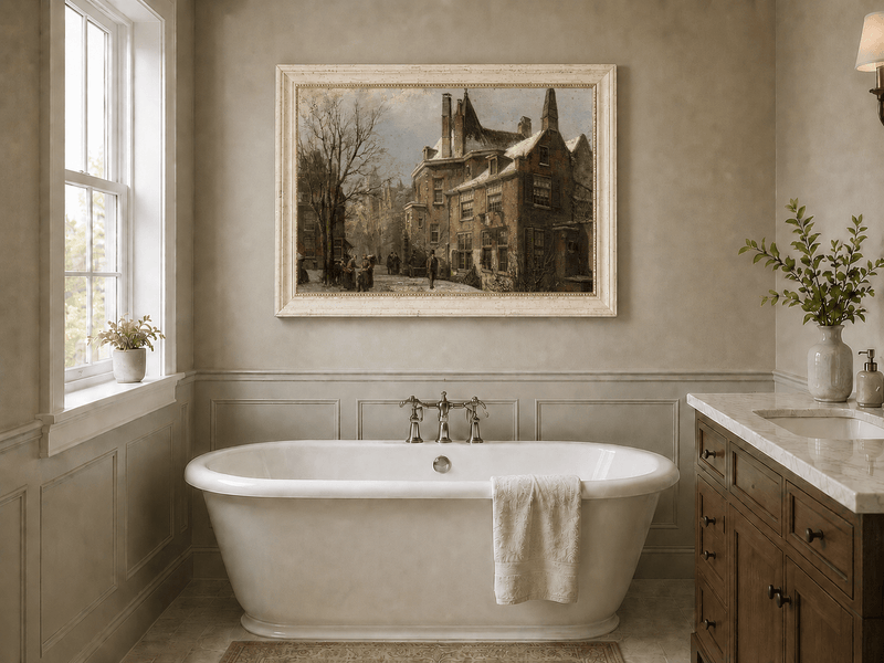 Landscape Oil Painting - Winter European Street, Historic Houses