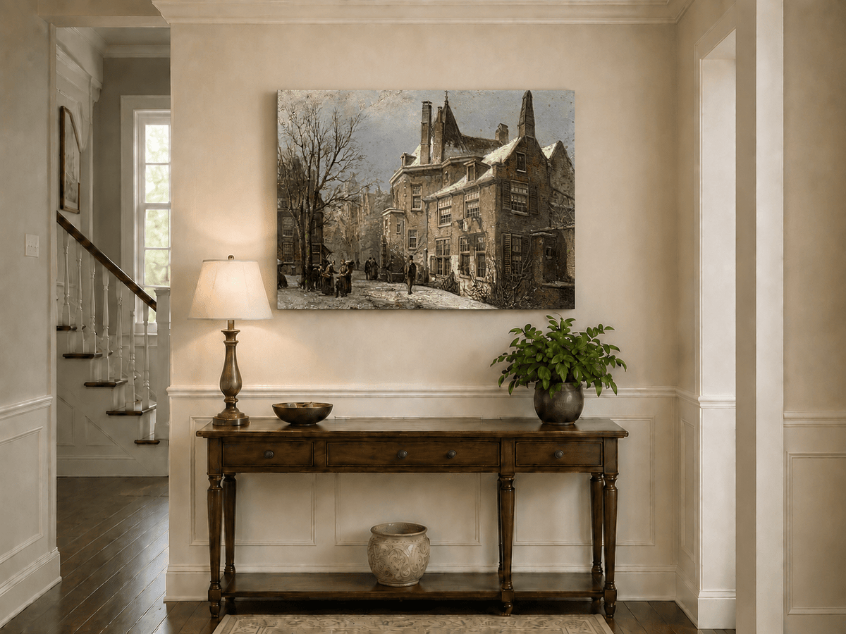 Landscape Oil Painting - Winter European Street, Historic Houses