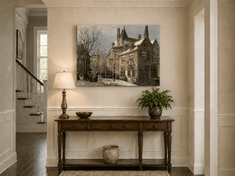 Landscape Oil Painting - Winter European Street, Historic Houses