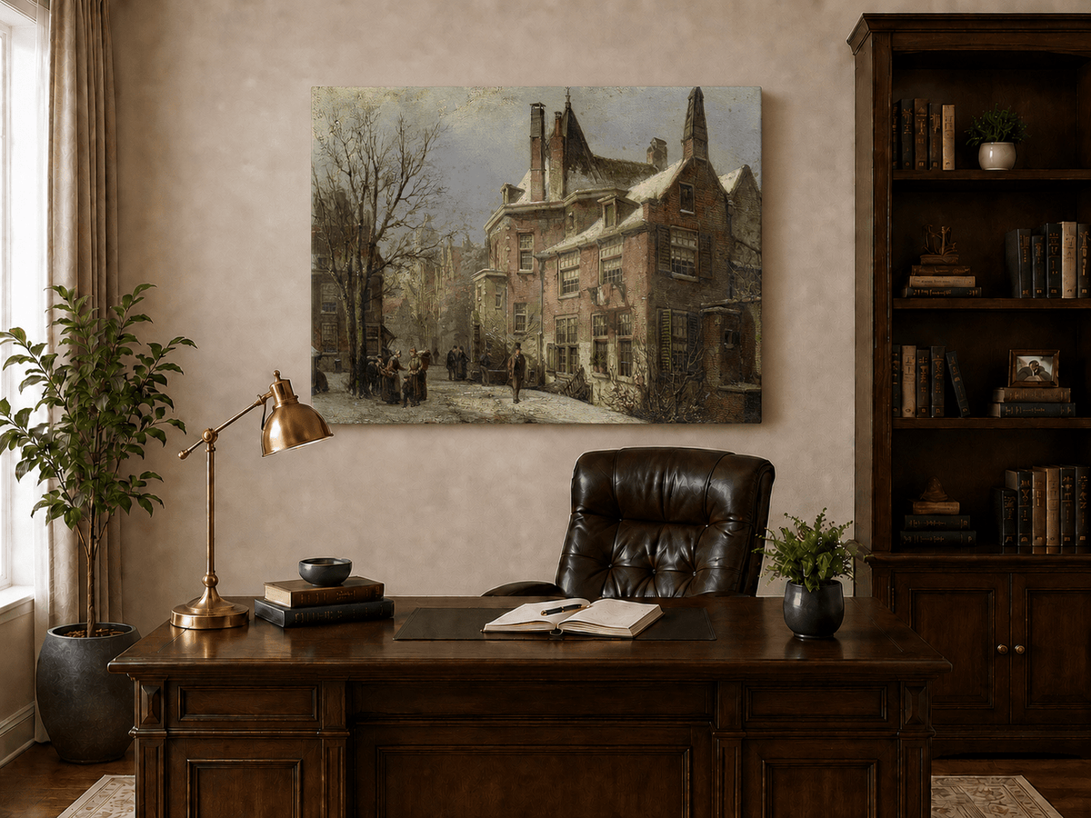 Landscape Oil Painting - Winter European Street, Historic Houses