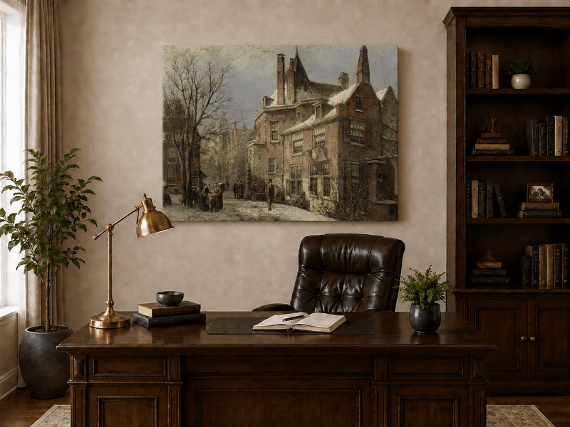 Landscape Oil Painting - Winter European Street, Historic Houses