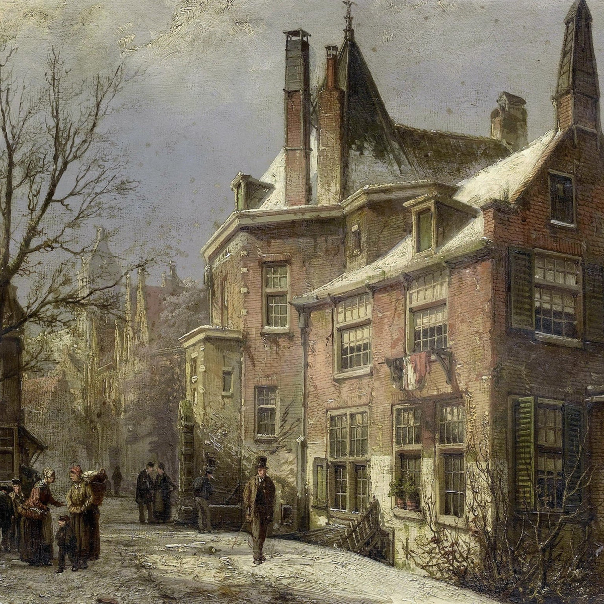 Landscape Oil Painting - Winter European Street, Historic Houses
