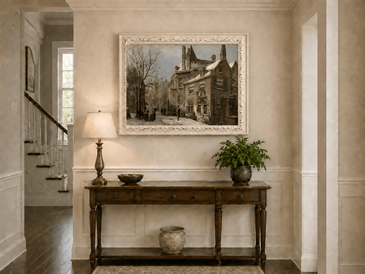 Landscape Oil Painting - Winter European Street, Historic Houses