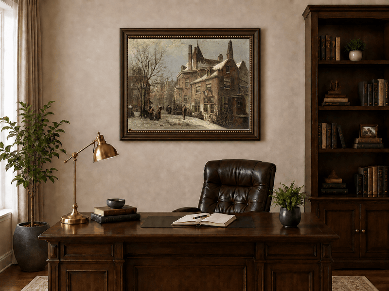 Landscape Oil Painting - Winter European Street, Historic Houses
