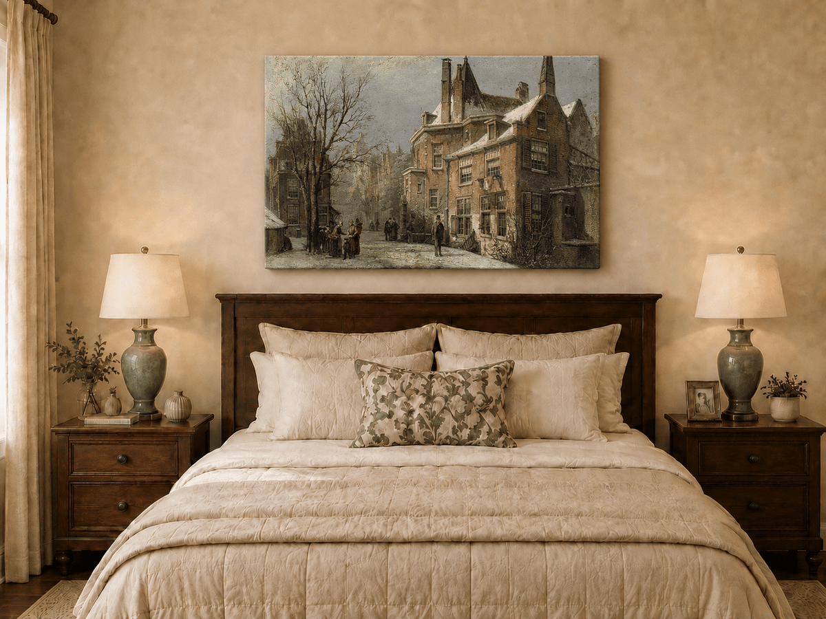 Landscape Oil Painting - Winter European Street, Historic Houses
