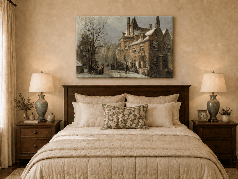 Landscape Oil Painting - Winter European Street, Historic Houses