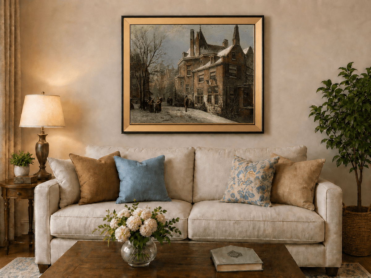 Landscape Oil Painting - Winter European Street, Historic Houses