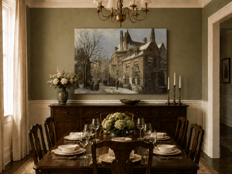 Landscape Oil Painting - Winter European Street, Historic Houses