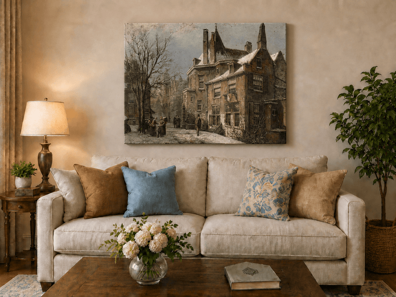 Landscape Oil Painting - Winter European Street, Historic Houses