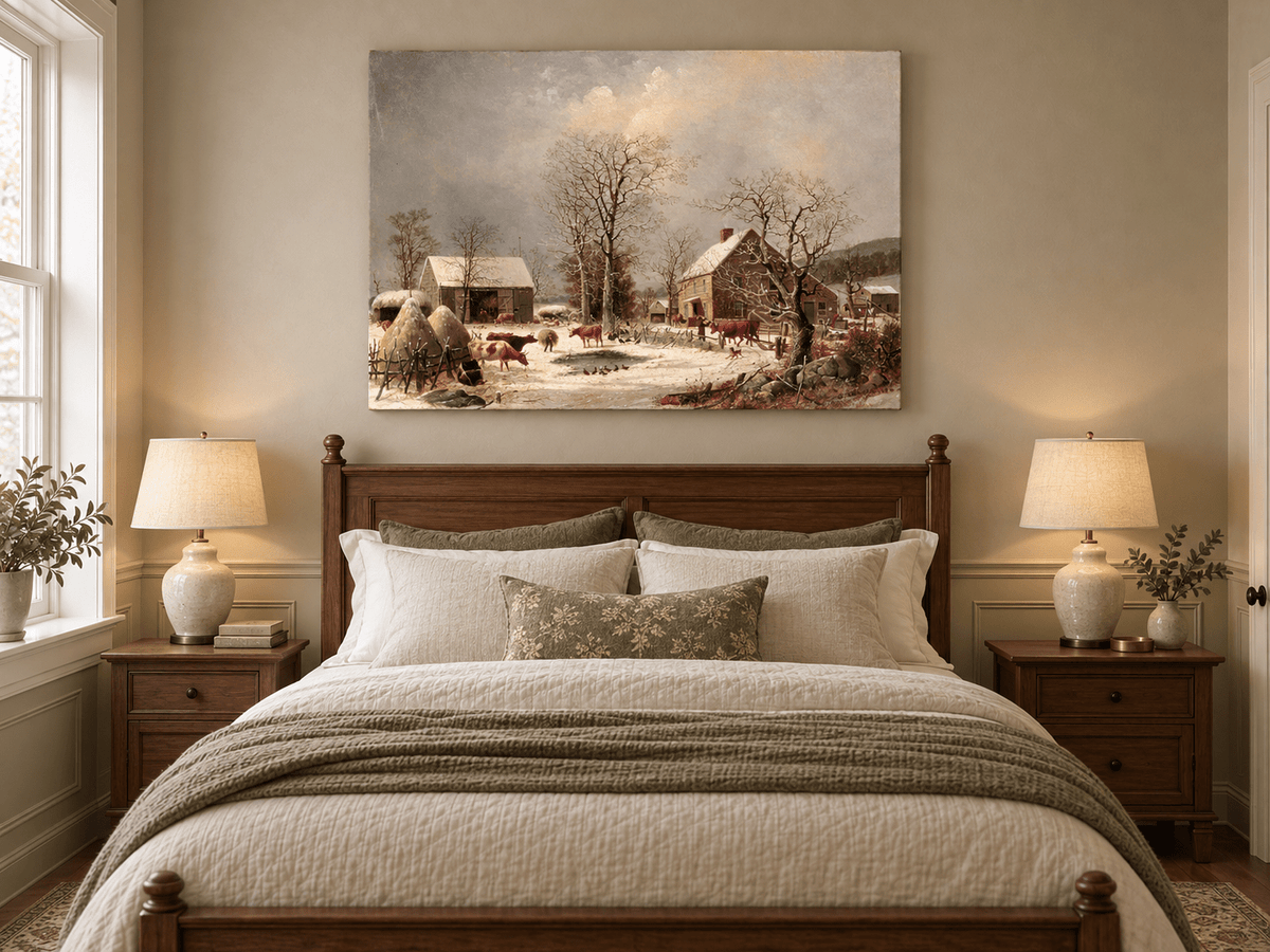 Landscape Oil Painting - Winter Farmstead , Cattle, Barn & Snow