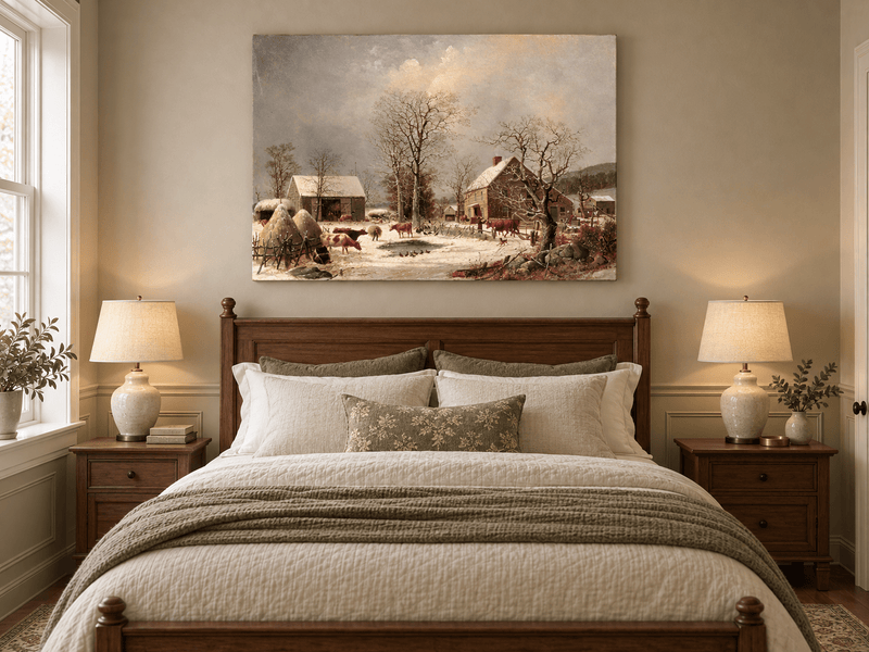 Landscape Oil Painting - Winter Farmstead , Cattle, Barn & Snow