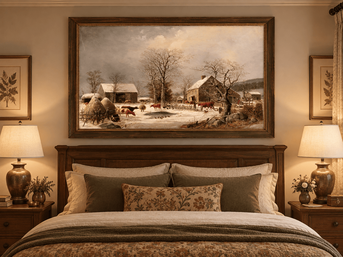 Landscape Oil Painting - Winter Farmstead , Cattle, Barn & Snow