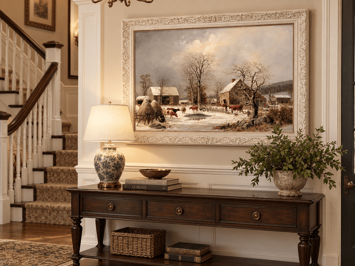 Landscape Oil Painting - Winter Farmstead , Cattle, Barn & Snow