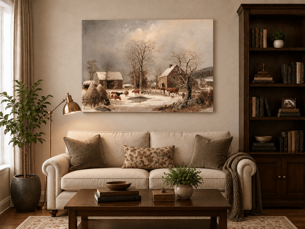 Landscape Oil Painting - Winter Farmstead , Cattle, Barn & Snow