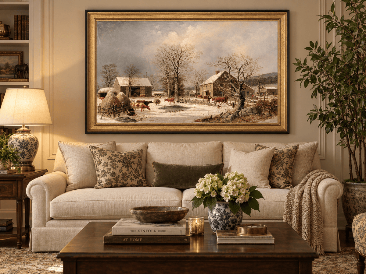 Landscape Oil Painting - Winter Farmstead , Cattle, Barn & Snow