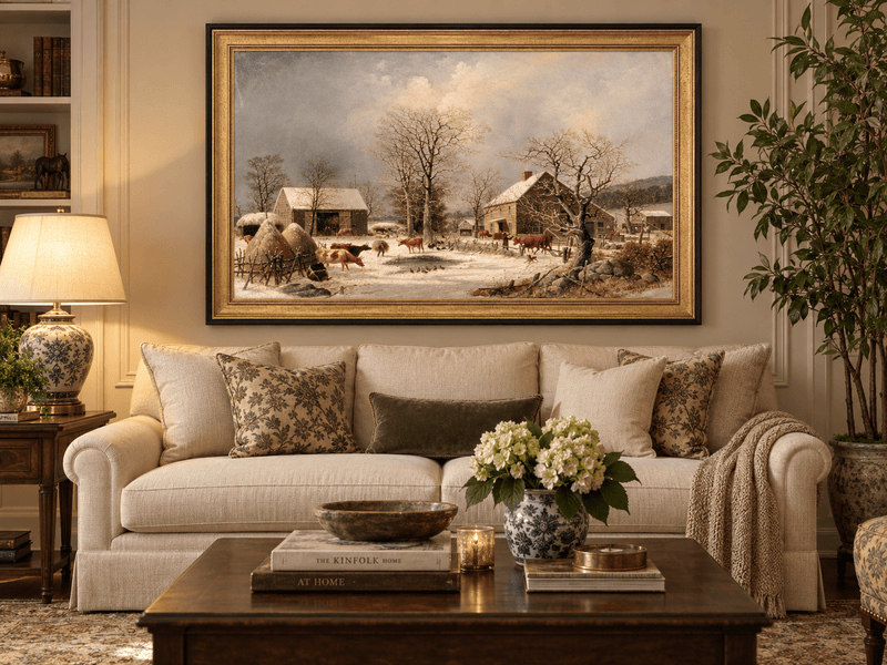 Landscape Oil Painting - Winter Farmstead , Cattle, Barn & Snow