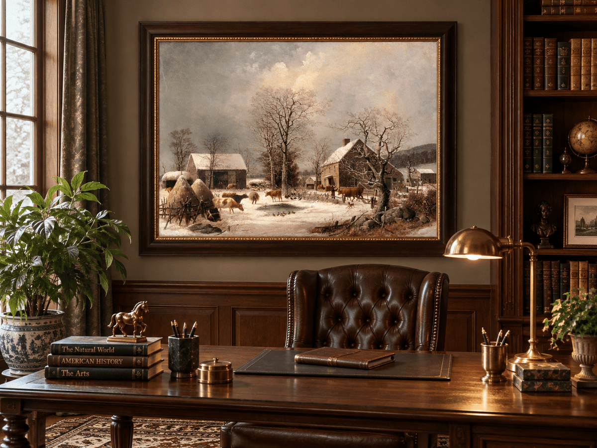 Landscape Oil Painting - Winter Farmstead , Cattle, Barn & Snow