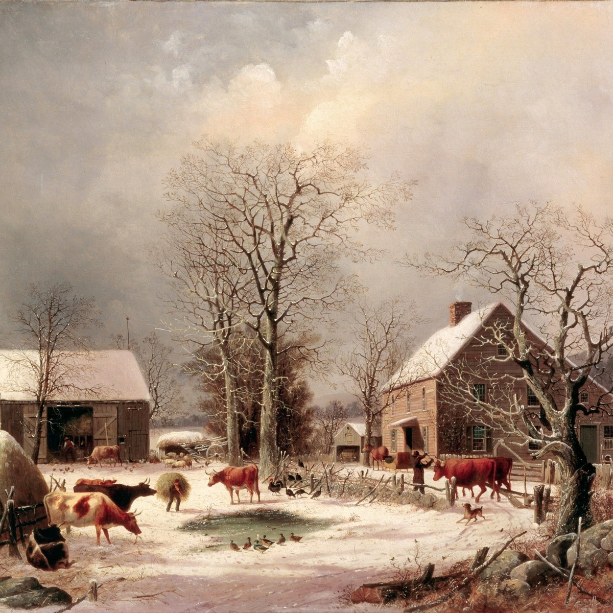 Landscape Oil Painting - Winter Farmstead Scene, Cattle, Barn & Snow - Oil Painting Haven